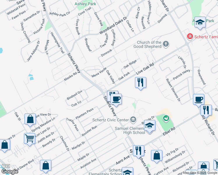 map of restaurants, bars, coffee shops, grocery stores, and more near 926 Oak Park in Schertz