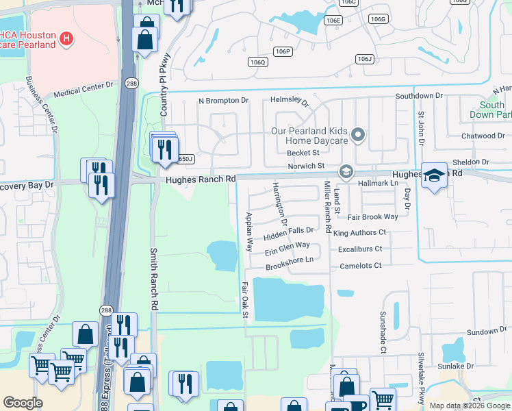 map of restaurants, bars, coffee shops, grocery stores, and more near 10202 Dawn Brook Drive in Pearland