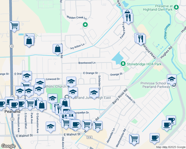 map of restaurants, bars, coffee shops, grocery stores, and more near 2112 Asbury Court in Pearland