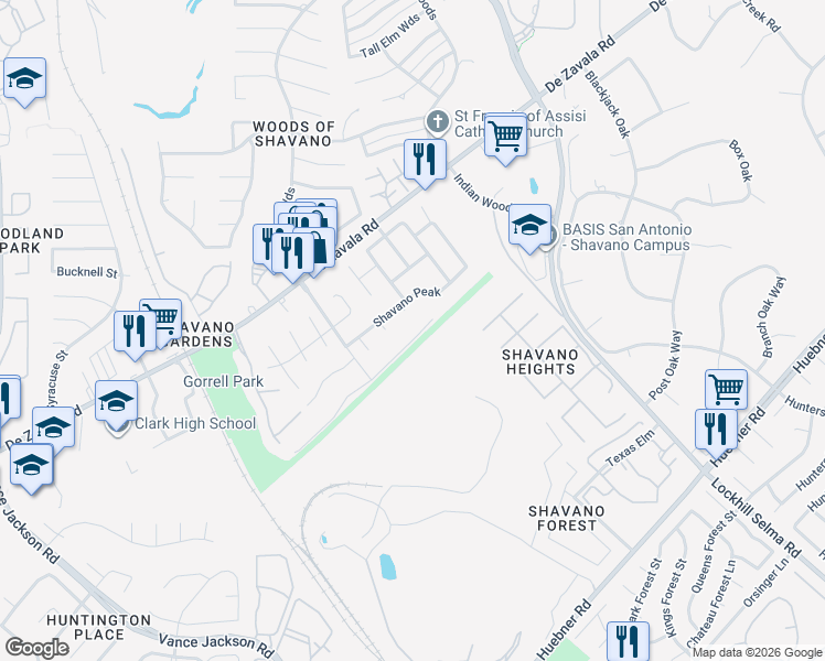 map of restaurants, bars, coffee shops, grocery stores, and more near 13600 Shavano Arrow in San Antonio