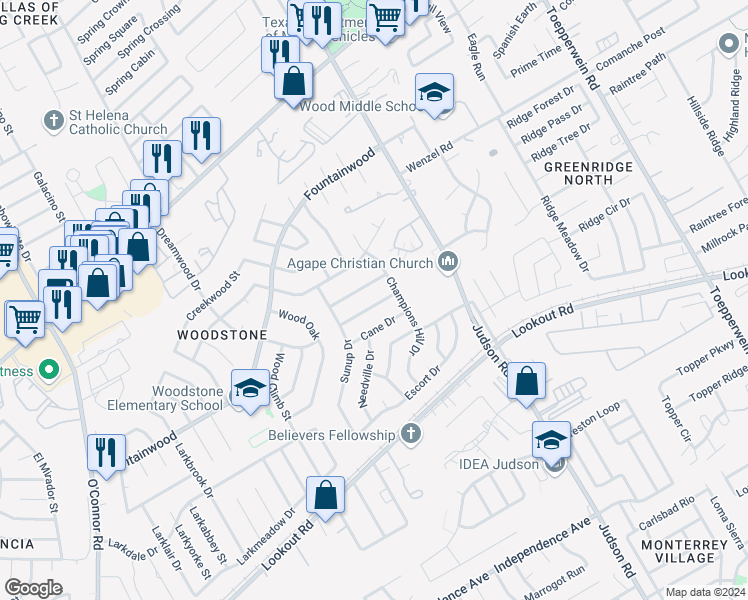 map of restaurants, bars, coffee shops, grocery stores, and more near 13918 Brantley in San Antonio