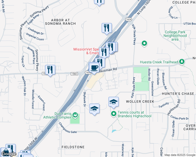 map of restaurants, bars, coffee shops, grocery stores, and more near 8302 West Hausman Road in San Antonio