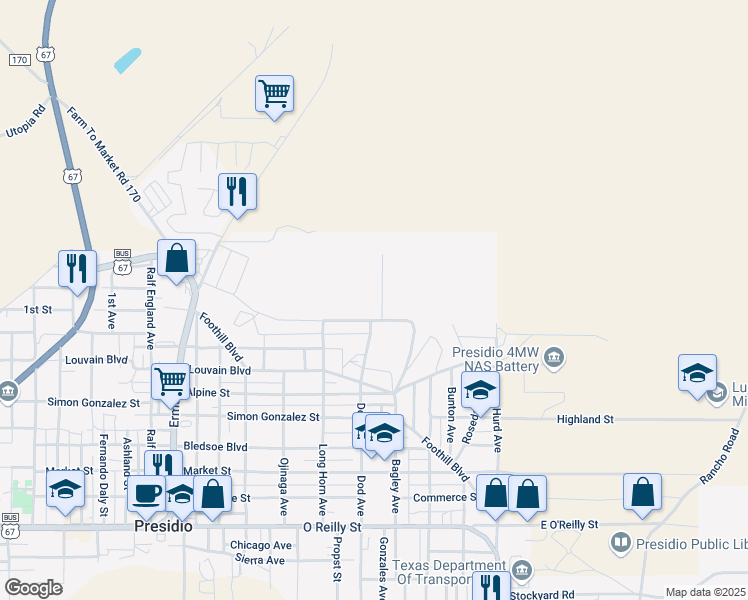 map of restaurants, bars, coffee shops, grocery stores, and more near Monique Drive in Presidio