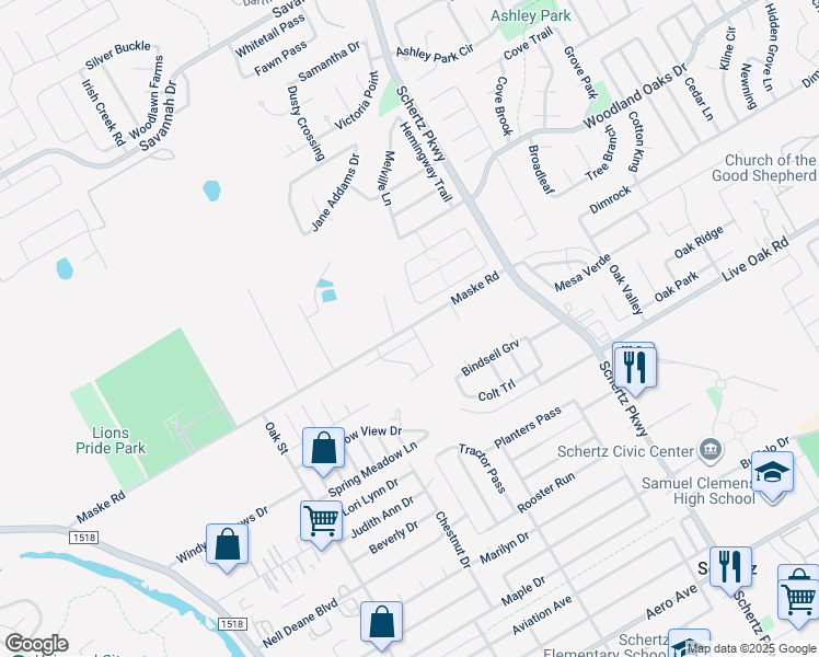 map of restaurants, bars, coffee shops, grocery stores, and more near 320 Maske Road in Schertz