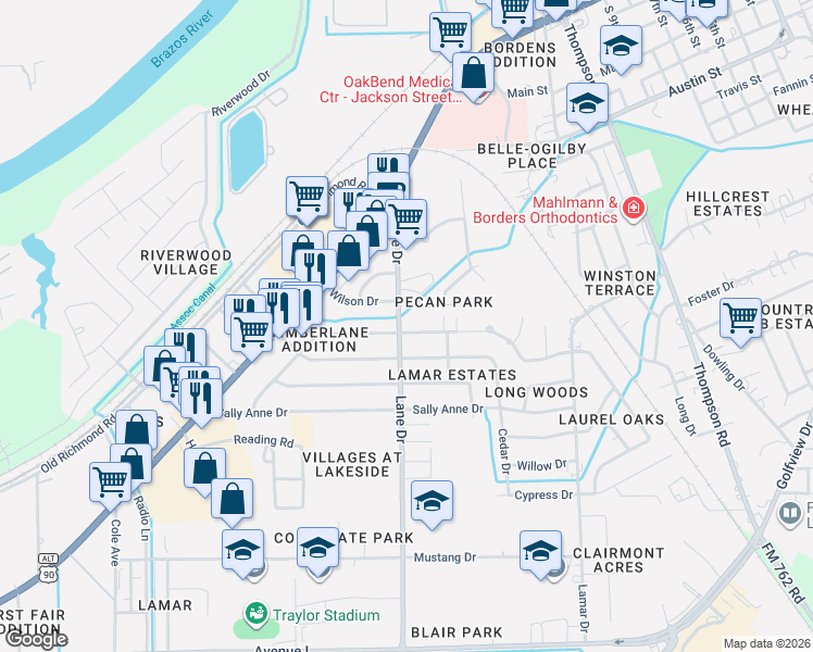 map of restaurants, bars, coffee shops, grocery stores, and more near 1103 Timber Lane in Rosenberg