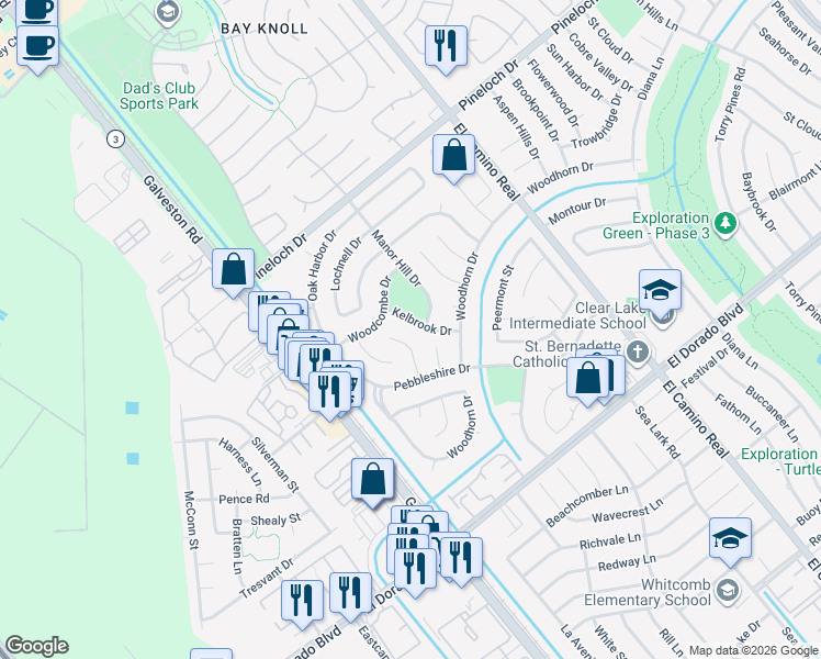 map of restaurants, bars, coffee shops, grocery stores, and more near 15227 Kelbrook Drive in Houston