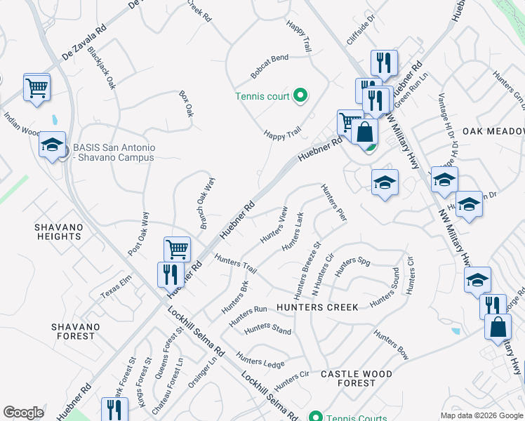 map of restaurants, bars, coffee shops, grocery stores, and more near 3911 Hunters Rock in San Antonio