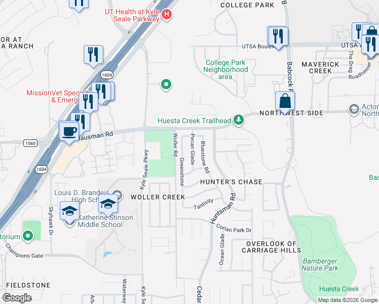 map of restaurants, bars, coffee shops, grocery stores, and more near 13355 Pecan Glade in San Antonio