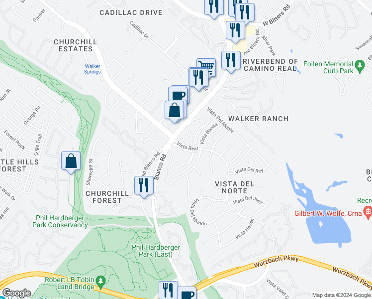map of restaurants, bars, coffee shops, grocery stores, and more near 13503 Vista Bonita in San Antonio