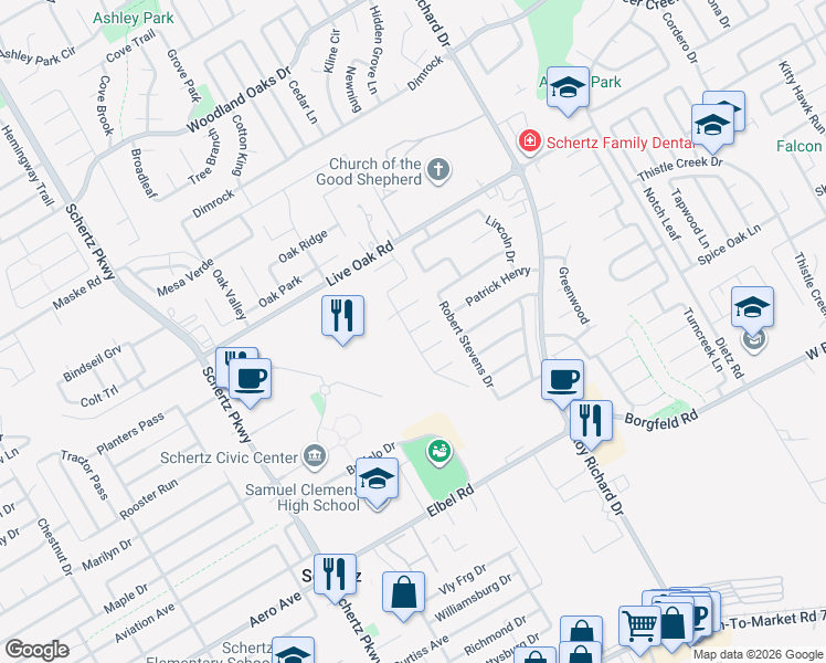 map of restaurants, bars, coffee shops, grocery stores, and more near 1021 Natalie Way in Schertz