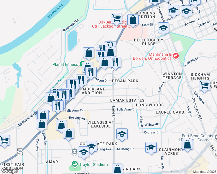 map of restaurants, bars, coffee shops, grocery stores, and more near 1014 Wilson Drive in Rosenberg