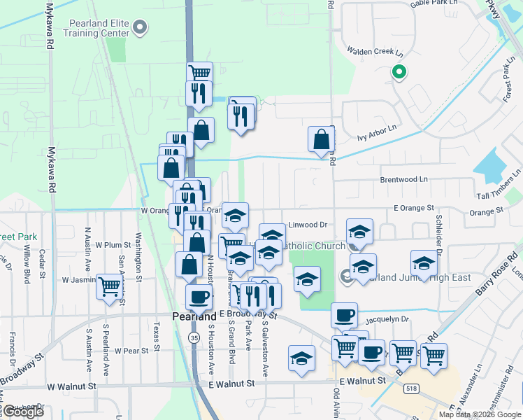 map of restaurants, bars, coffee shops, grocery stores, and more near 2031 Galveston Avenue in Pearland