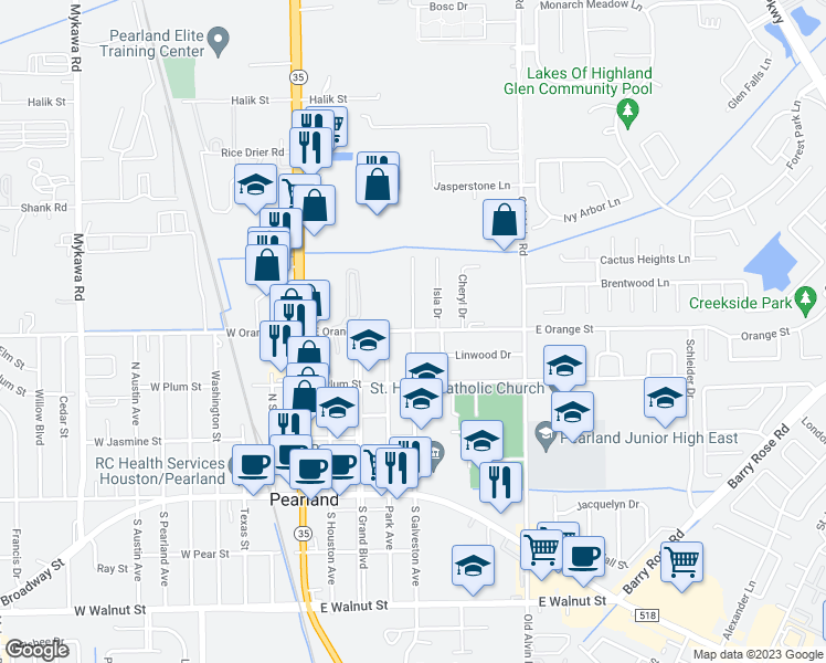 map of restaurants, bars, coffee shops, grocery stores, and more near 2016 North Galveston Avenue in Pearland