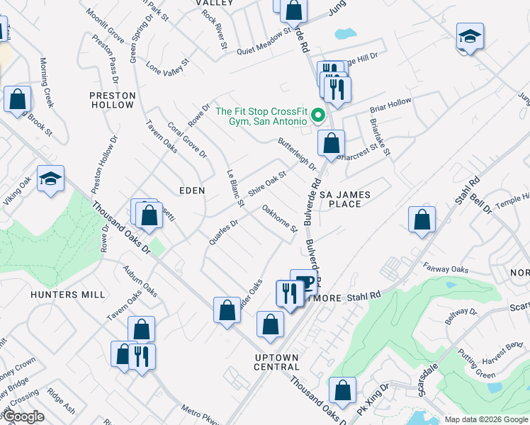 map of restaurants, bars, coffee shops, grocery stores, and more near 3502 Oakhorne Street in San Antonio