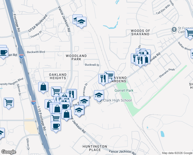 map of restaurants, bars, coffee shops, grocery stores, and more near 13530 Syracuse Street in San Antonio
