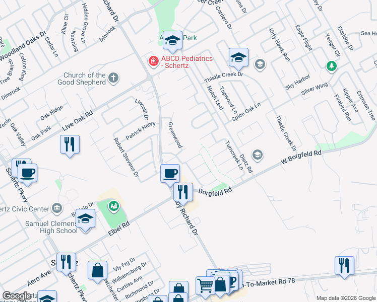 map of restaurants, bars, coffee shops, grocery stores, and more near 1209 Idlewood in Schertz