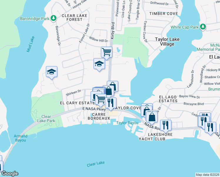 map of restaurants, bars, coffee shops, grocery stores, and more near 371 Kirby Road in Taylor Lake Village