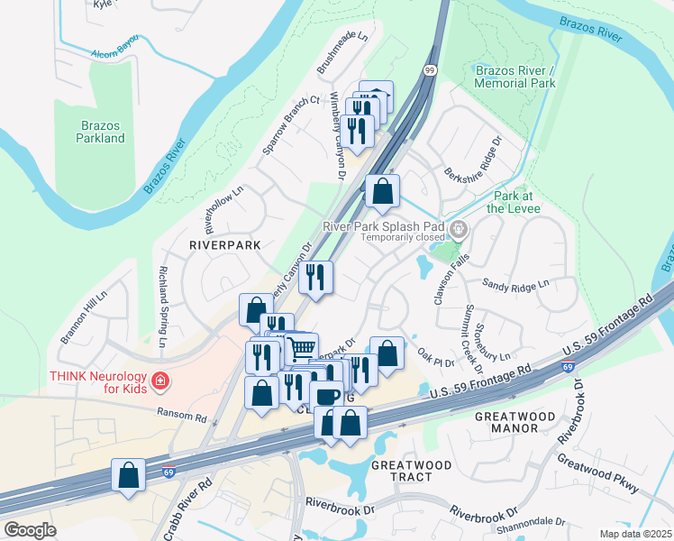 map of restaurants, bars, coffee shops, grocery stores, and more near 5703 Black Canyon Court in Sugar Land