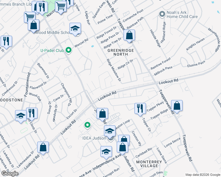 map of restaurants, bars, coffee shops, grocery stores, and more near 6422 Ruffled Grouse in San Antonio