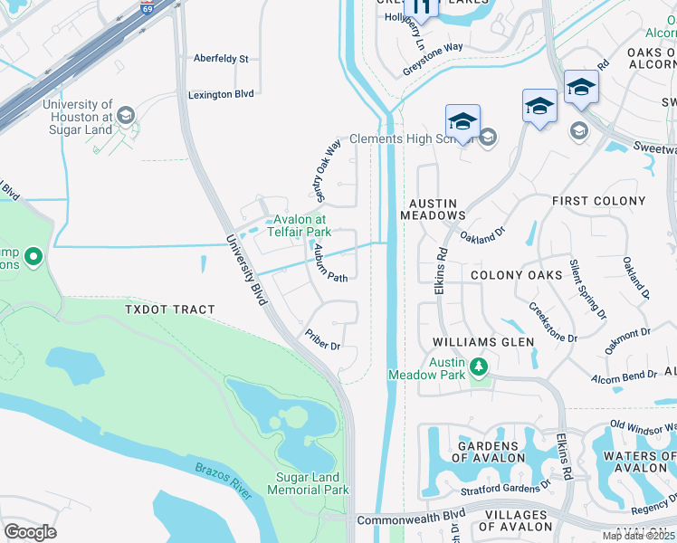 map of restaurants, bars, coffee shops, grocery stores, and more near 3107 Auburn Path in Sugar Land