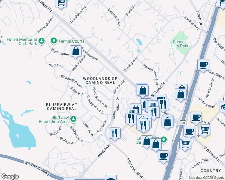 map of restaurants, bars, coffee shops, grocery stores, and more near 13763 Morningbluff Drive in San Antonio