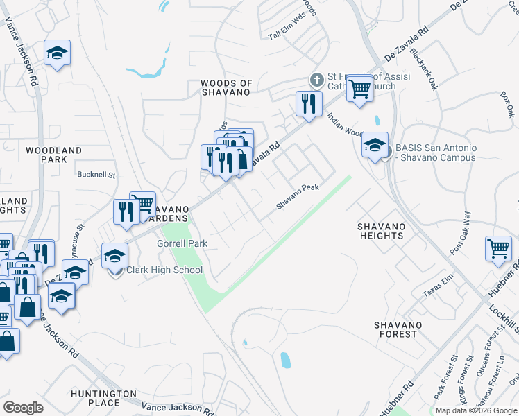 map of restaurants, bars, coffee shops, grocery stores, and more near 4511 Shavano Hollow in San Antonio