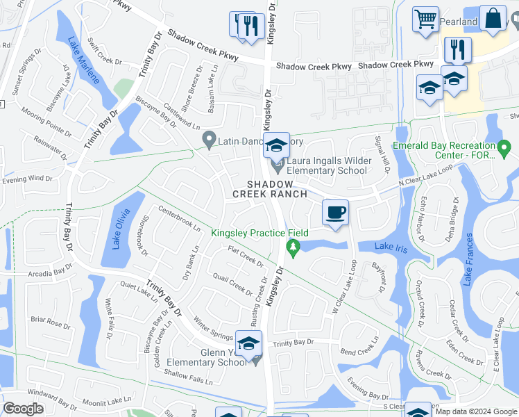 map of restaurants, bars, coffee shops, grocery stores, and more near 2303 Shadow Falls Lane in Pearland