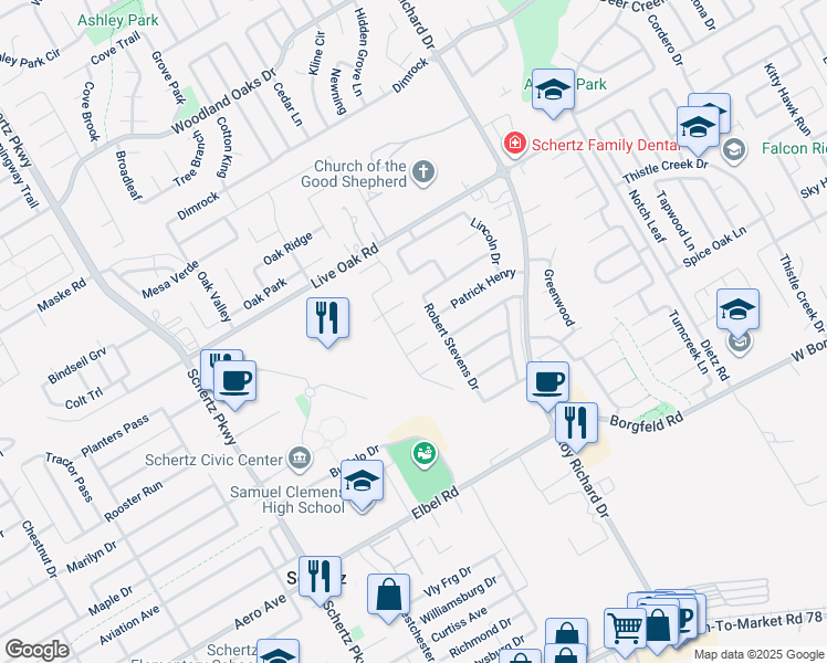 map of restaurants, bars, coffee shops, grocery stores, and more near 1024 Natalie Way in Schertz