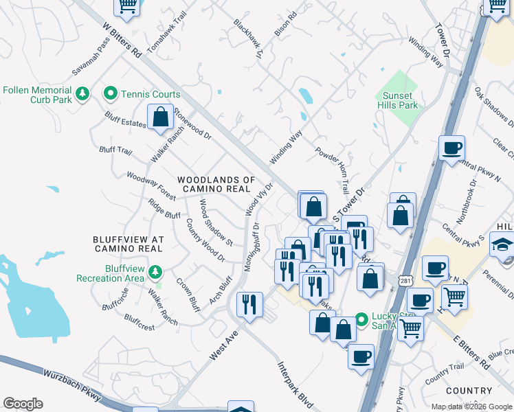 map of restaurants, bars, coffee shops, grocery stores, and more near 13763 Morningbluff Drive in San Antonio