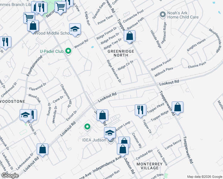 map of restaurants, bars, coffee shops, grocery stores, and more near 6422 Ruffled Grouse in San Antonio