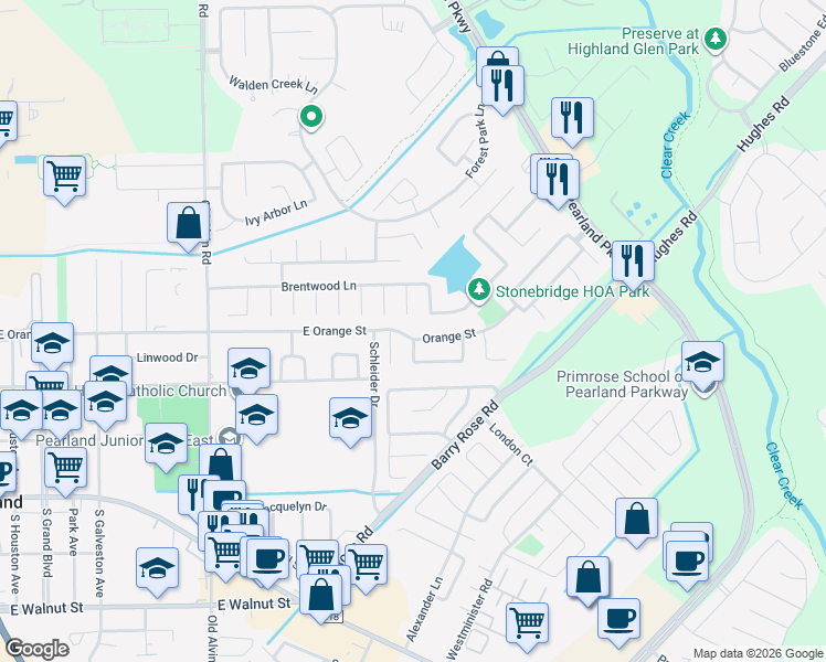 map of restaurants, bars, coffee shops, grocery stores, and more near 3119 Orange St in Pearland