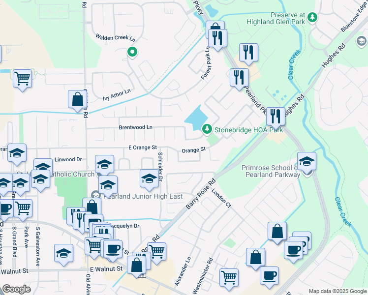 map of restaurants, bars, coffee shops, grocery stores, and more near 3113 Orange Street in Pearland