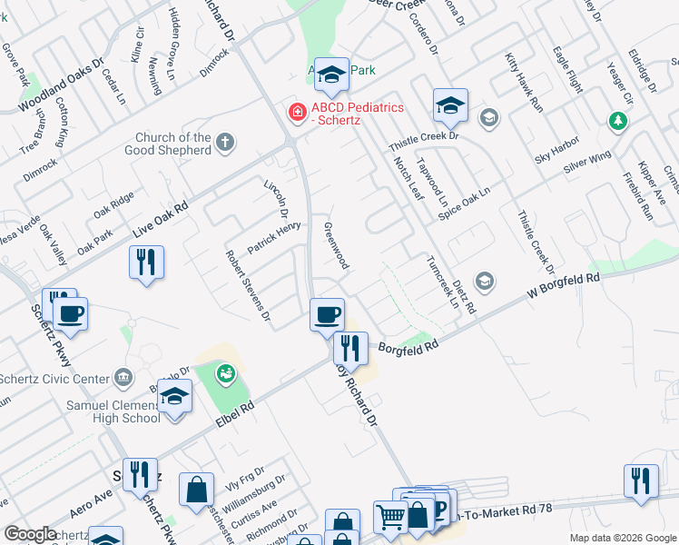 map of restaurants, bars, coffee shops, grocery stores, and more near 1209 Idlewood in Schertz