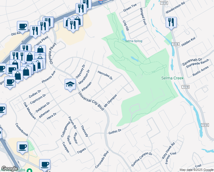 map of restaurants, bars, coffee shops, grocery stores, and more near 8603 Mount Latmos in Universal City