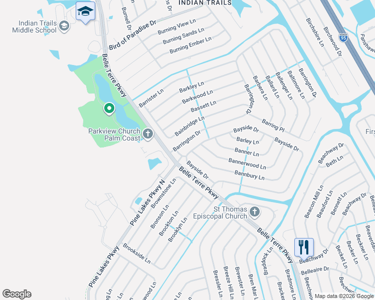 map of restaurants, bars, coffee shops, grocery stores, and more near 164 Bayside Drive in Palm Coast
