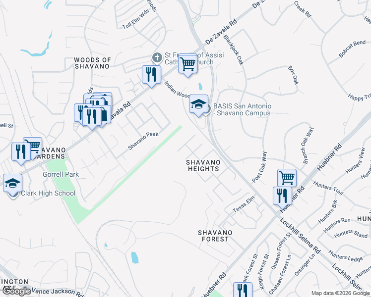 map of restaurants, bars, coffee shops, grocery stores, and more near 13319 Star Heights Drive in San Antonio