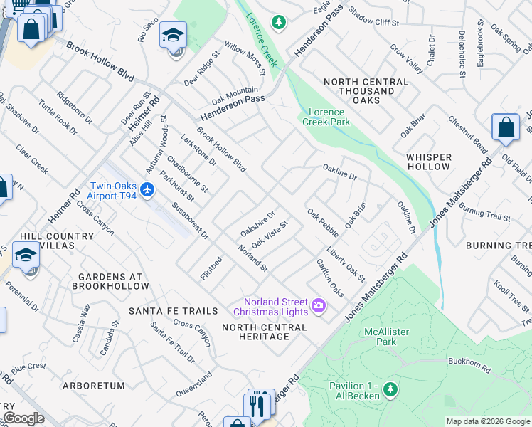 map of restaurants, bars, coffee shops, grocery stores, and more near 2015 Oakshire Drive in San Antonio