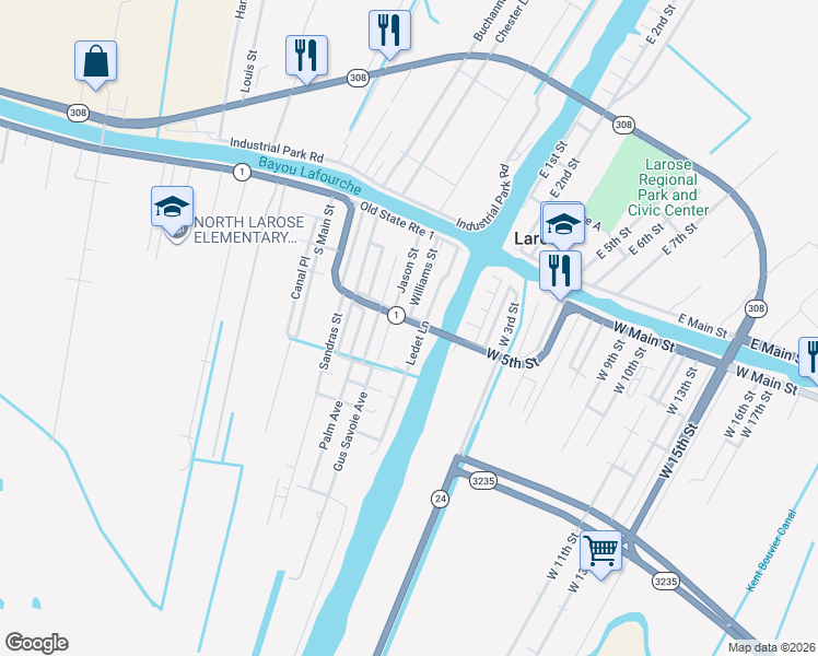 map of restaurants, bars, coffee shops, grocery stores, and more near Louisiana 1 in Larose