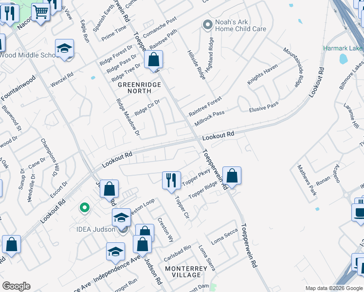 map of restaurants, bars, coffee shops, grocery stores, and more near 6619 Arancione Avenue in San Antonio