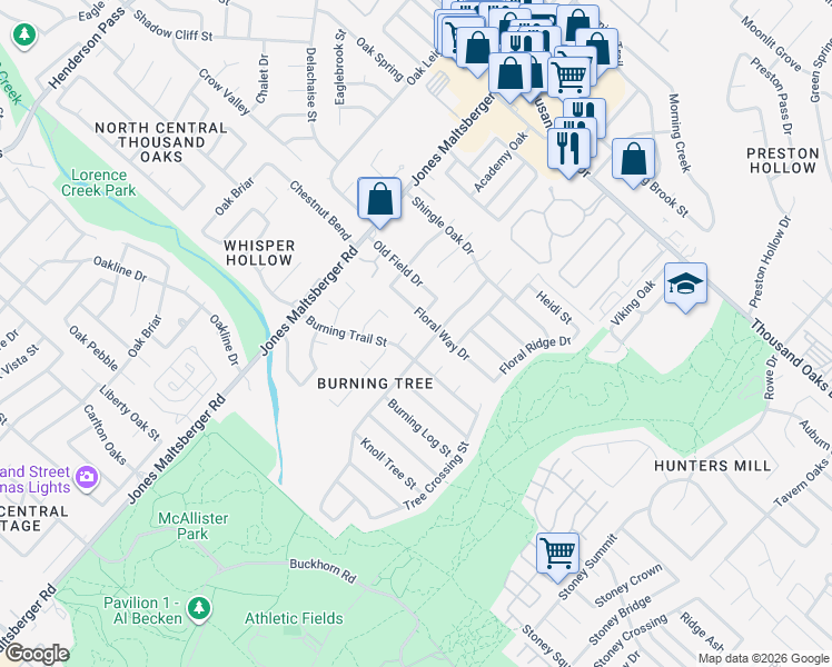 map of restaurants, bars, coffee shops, grocery stores, and more near 2814 Floral Way Drive in San Antonio