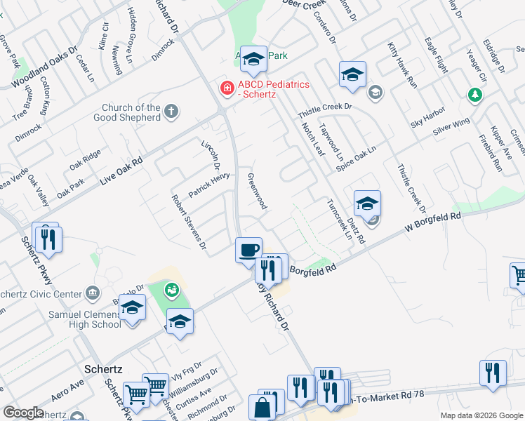 map of restaurants, bars, coffee shops, grocery stores, and more near 1209 Idlewood in Schertz