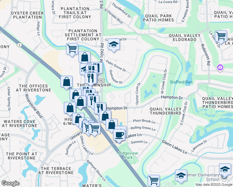 map of restaurants, bars, coffee shops, grocery stores, and more near 3505 FM 1092 Road in Missouri City