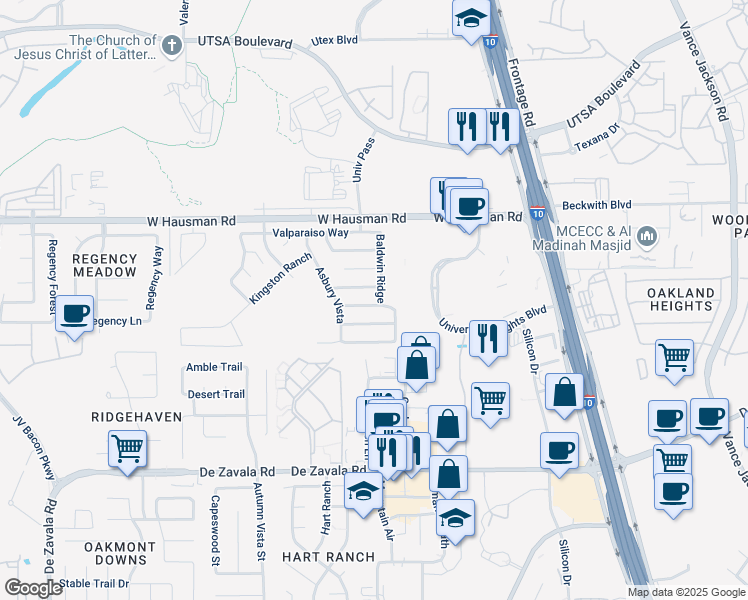 map of restaurants, bars, coffee shops, grocery stores, and more near 5807 Sherbrooke Oak in San Antonio