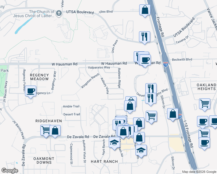 map of restaurants, bars, coffee shops, grocery stores, and more near 5843 Sherbrooke Oak in San Antonio