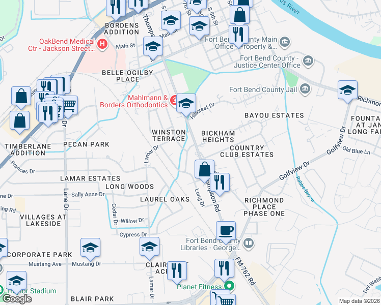 map of restaurants, bars, coffee shops, grocery stores, and more near 1119 Oak Creek Drive in Richmond