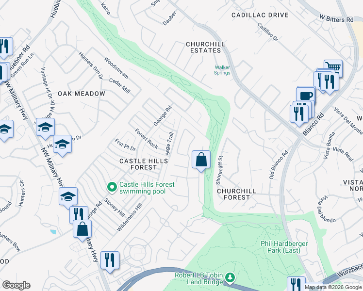 map of restaurants, bars, coffee shops, grocery stores, and more near 13131 Winding Creek in San Antonio