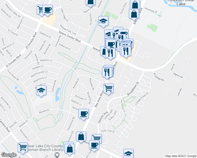 map of restaurants, bars, coffee shops, grocery stores, and more near 1955 Seakale Lane in Houston