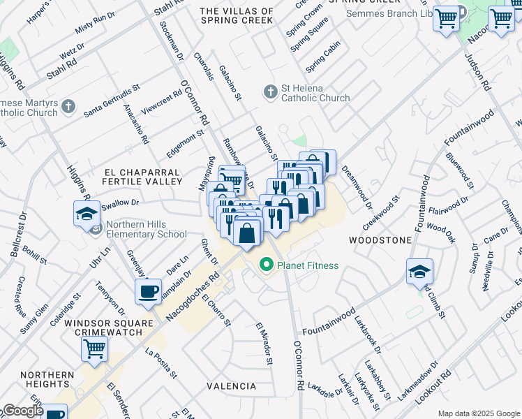 map of restaurants, bars, coffee shops, grocery stores, and more near 14094 O'Connor Road in San Antonio
