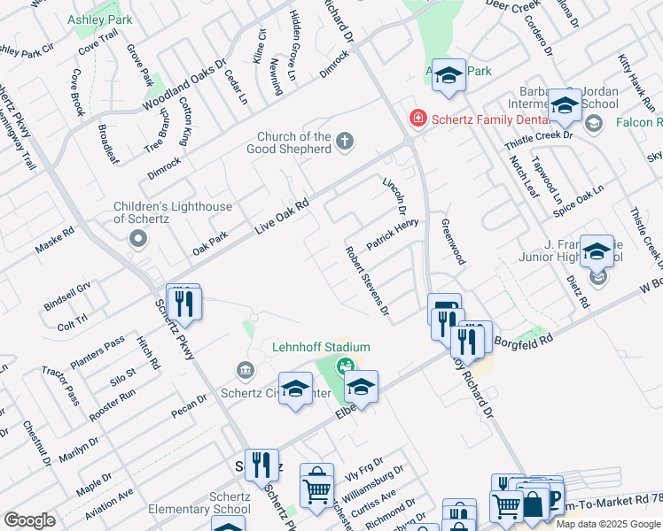 map of restaurants, bars, coffee shops, grocery stores, and more near 1024 Natalie Way in Schertz