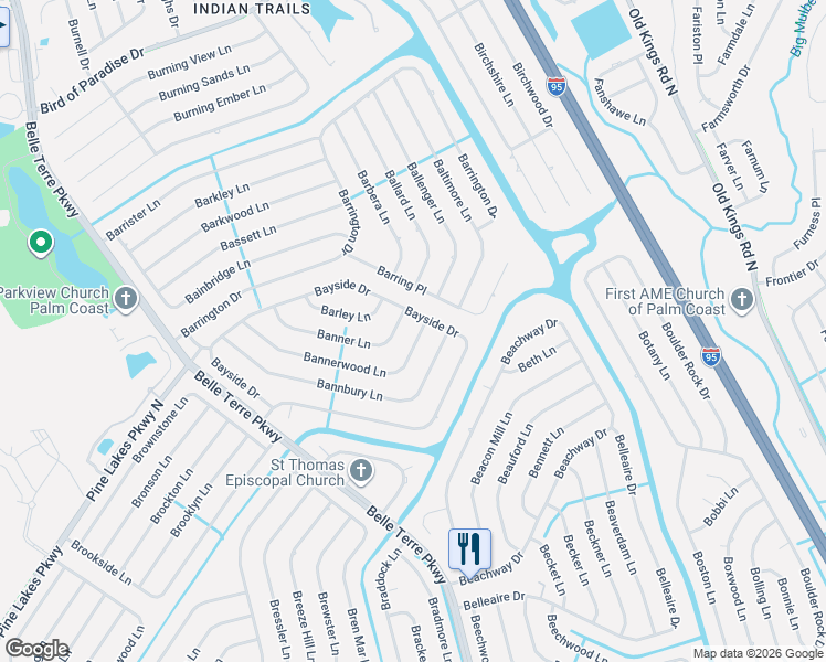 map of restaurants, bars, coffee shops, grocery stores, and more near 55 Bannerwood Lane in Palm Coast